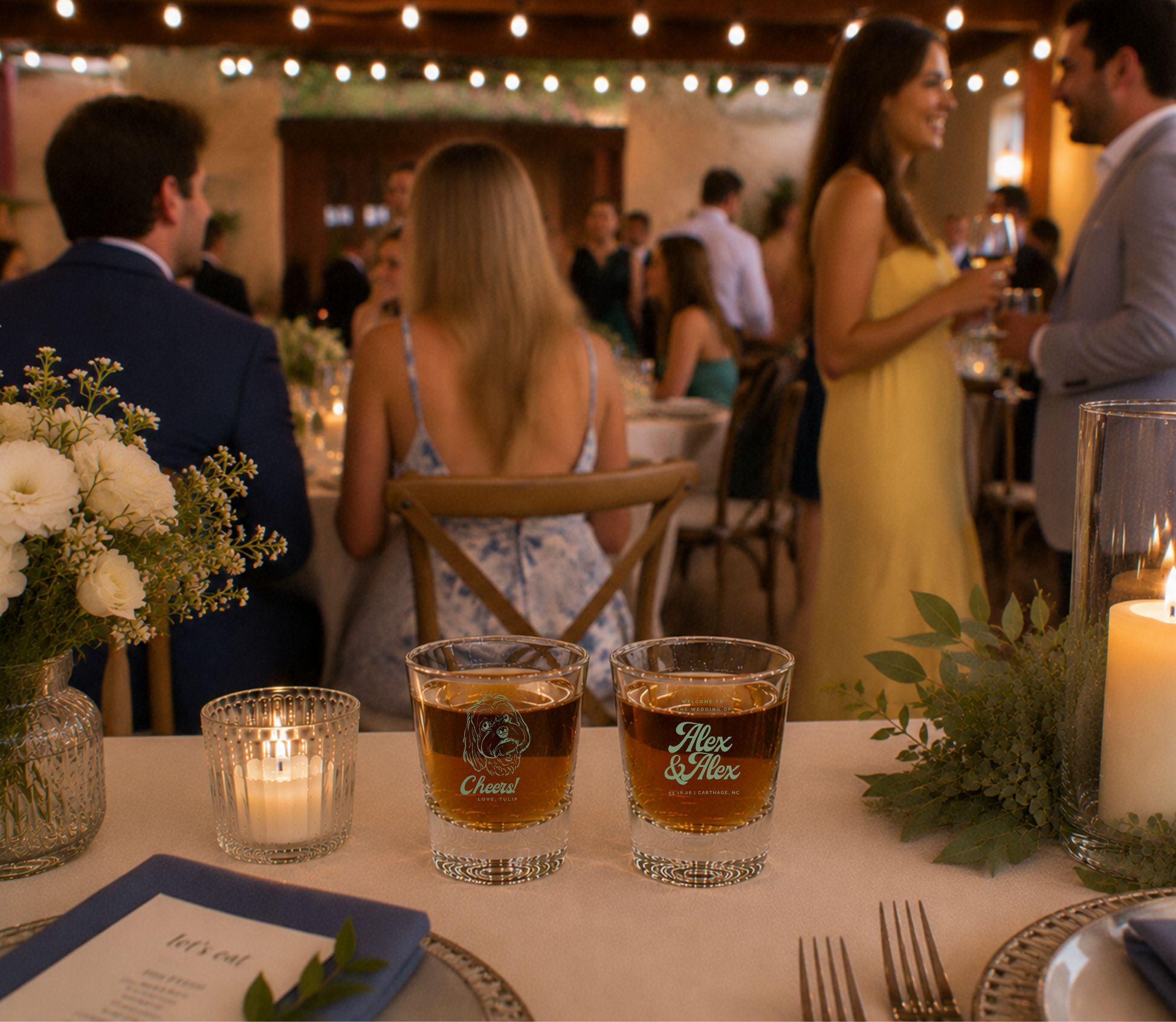 Personalized pet portrait wedding shot glass with custom dog illustration.

Custom dog wedding shot glass featuring couple names and wedding location.

Clear wedding shot glass personalized with a pet portrait and wedding date.