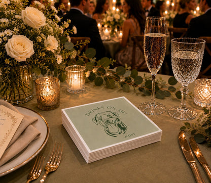 Dog lover wedding table napkin featuring an illustrated Labrador portrait and elegant typography.
Premium personalized wedding table napkin with custom pet artwork and minimalist reception design.