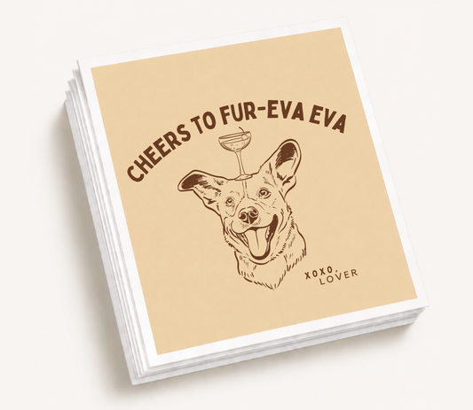 Personalized pet wedding cocktail napkins featuring a dog illustration, cocktail artwork, and playful custom wedding wording.