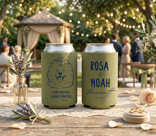 custom olive wedding can coolers with pet illustration and a martini glass on the pups head  