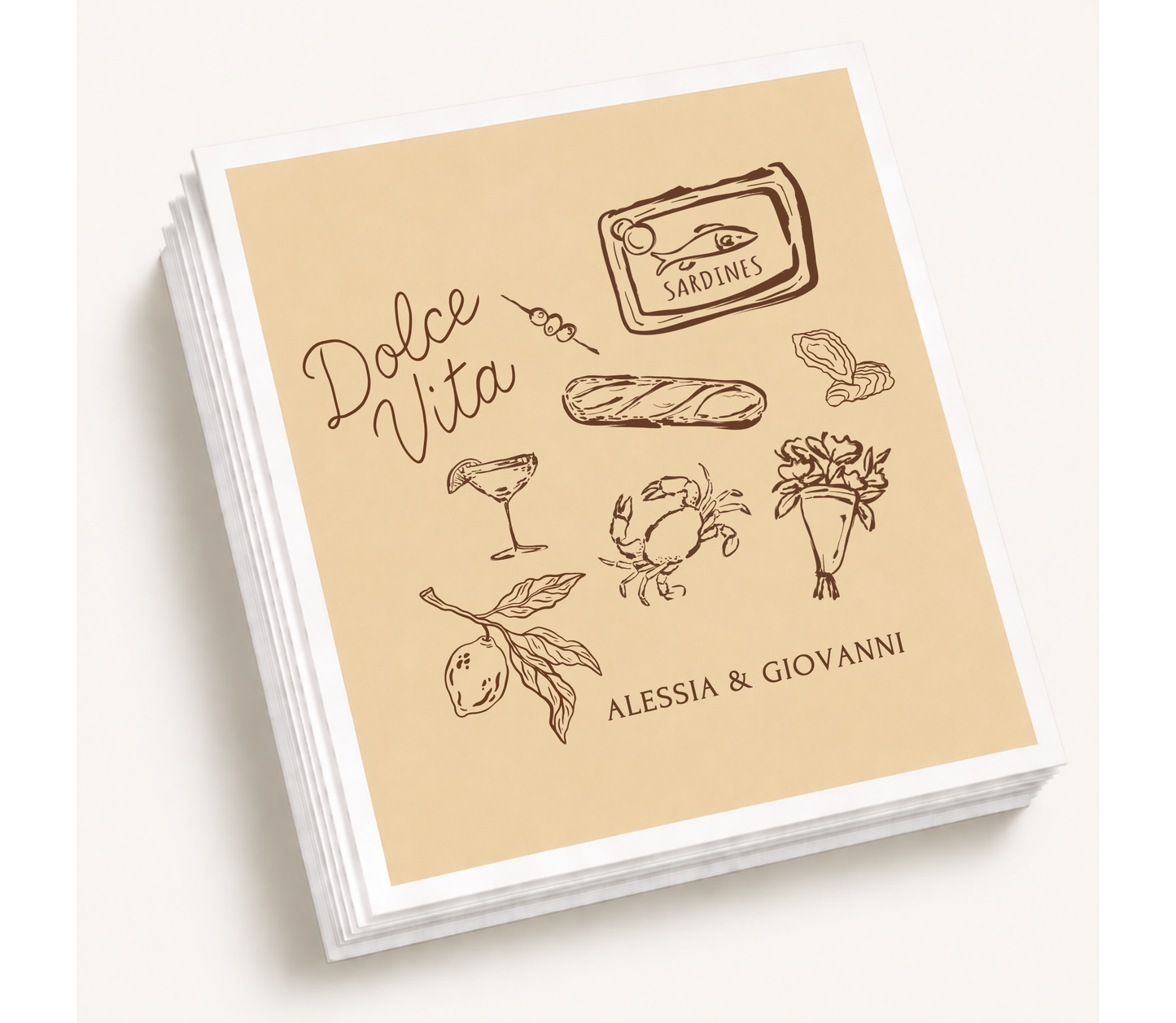 Personalized Dolce Vita wedding cocktail napkins featuring hand-drawn Italian-inspired illustrations with custom couple names for destination and Mediterranean wedding celebrations.
