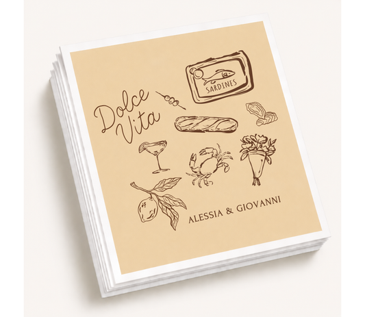 Personalized Dolce Vita wedding cocktail napkins featuring hand-drawn Italian-inspired illustrations with custom couple names for destination and Mediterranean wedding celebrations.