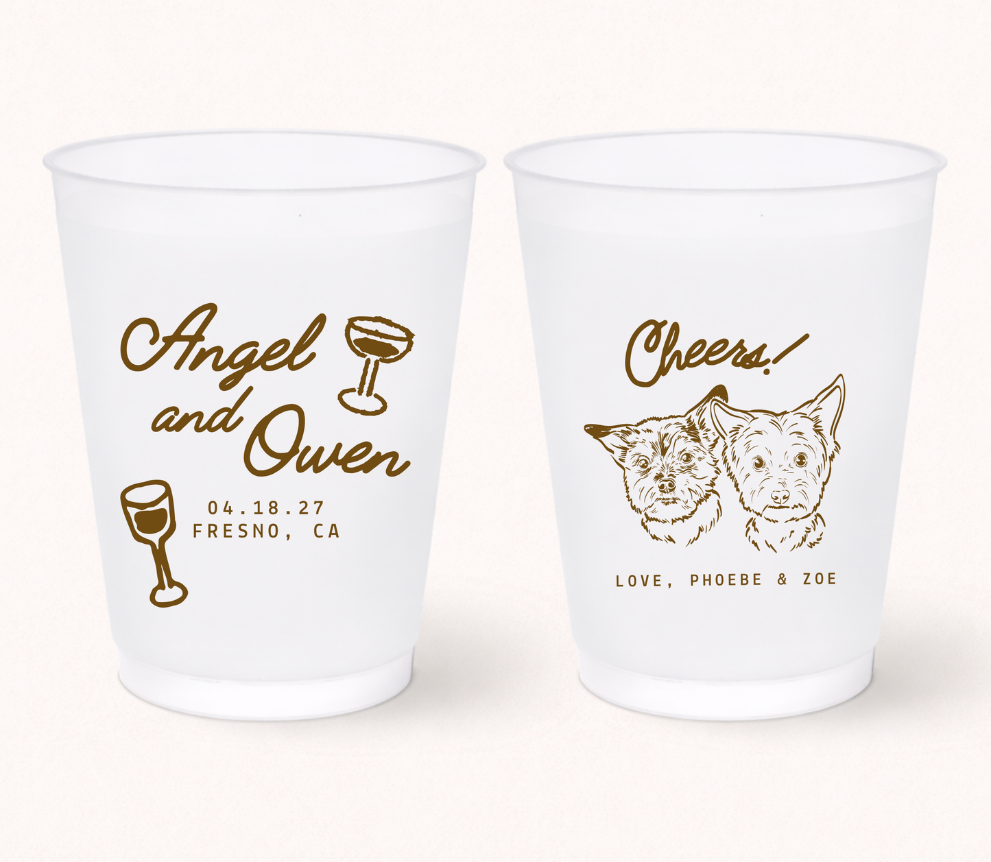 Personalized frosted wedding cups featuring two custom illustrated dog portraits with couple names, wedding date, and pet names for pet-friendly wedding celebrations.