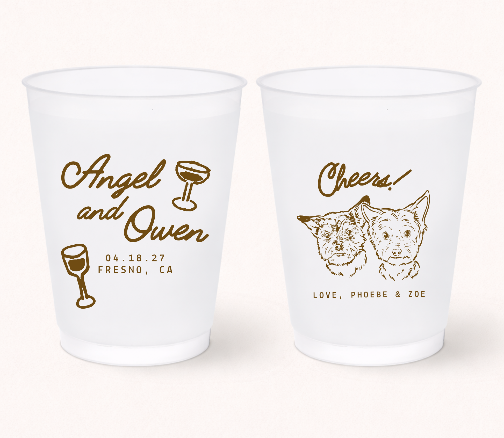 Personalized frosted wedding cups featuring two custom illustrated dog portraits with couple names, wedding date, and pet names for pet-friendly wedding celebrations.