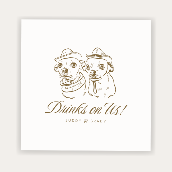 Custom pet portrait wedding napkin featuring two dogs and Drinks On Us personalized wedding design