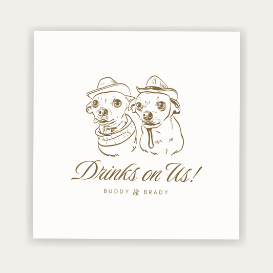 Custom pet portrait wedding napkin featuring two dogs and Drinks On Us personalized wedding design