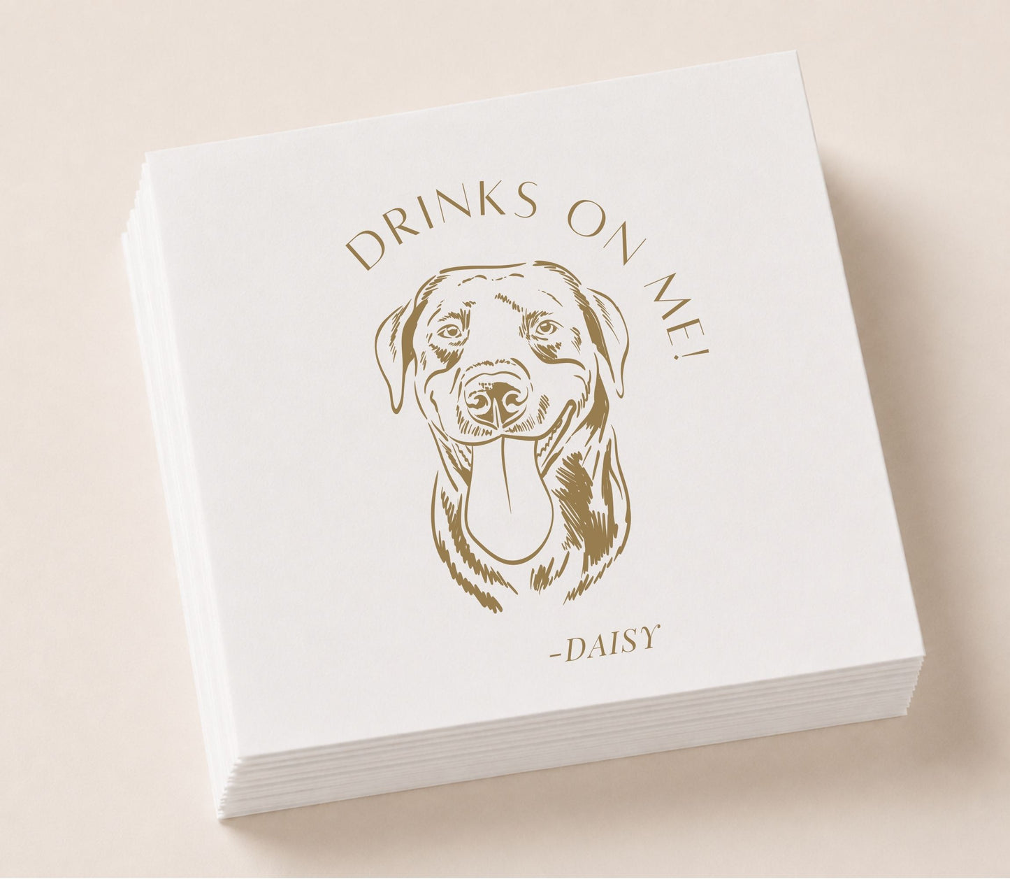 Custom pet portrait wedding napkin with dog illustration, Drinks On Me message, and personalized pet name