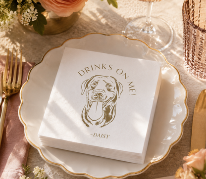 Personalized dog wedding napkins with drinks on me design