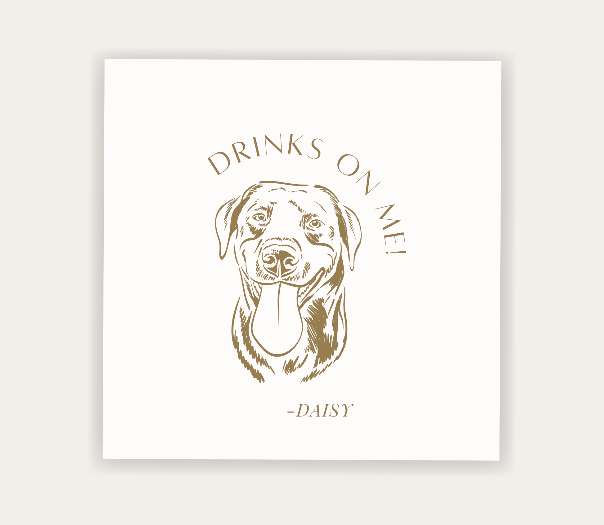 Custom pet portrait wedding napkin with dog illustration, Drinks On Me message, and personalized pet name
