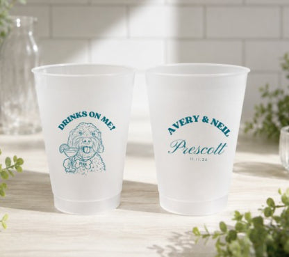 Personalized dog wedding frosted cups featuring custom dog portrait couple names pet name and wedding date