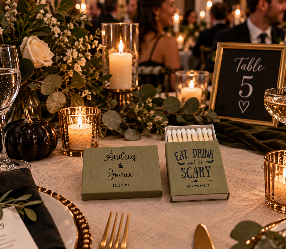 Personalized olive Halloween wedding matchboxes featuring Audrey and James names and wedding date 10.31.28.