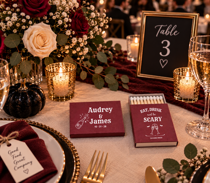 Personalized burgundy Halloween wedding matchboxes featuring Audrey and James names and wedding date 10.31.28.