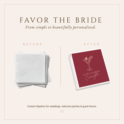 Winter wedding napkins featuring a festive cocktail illustration, burgundy background, and personalized couple details.