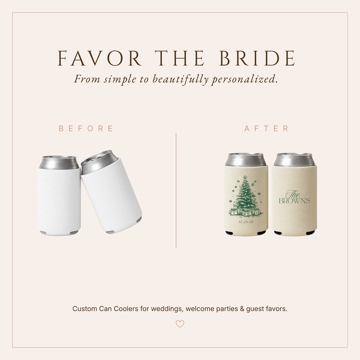 Cream personalized wedding can coolers featuring a Christmas tree, snowflakes, ornaments, presents, family name, and wedding date.