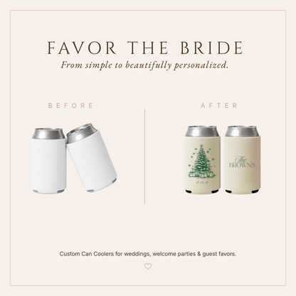 Cream personalized wedding can coolers featuring a Christmas tree, snowflakes, ornaments, presents, family name, and wedding date.