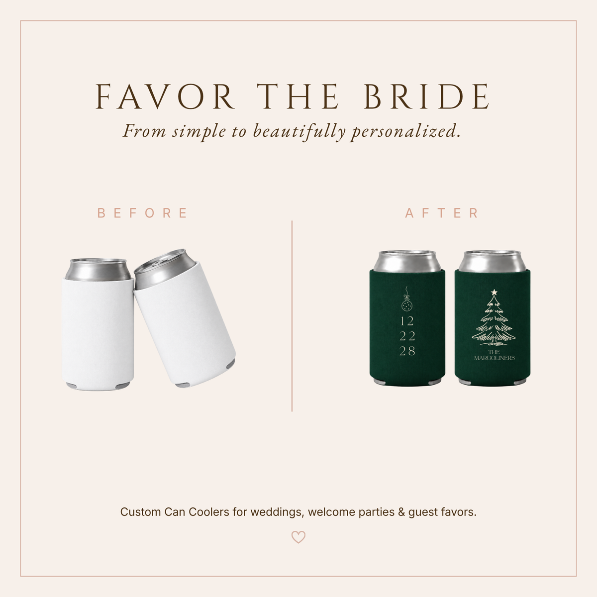 Emerald green personalized wedding can coolers featuring Christmas tree artwork, ornament details, family name, and wedding date.