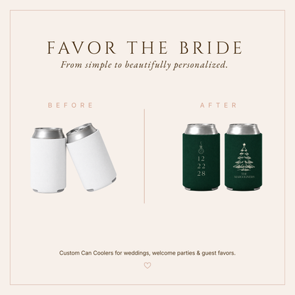 Emerald green personalized wedding can coolers featuring Christmas tree artwork, ornament details, family name, and wedding date.