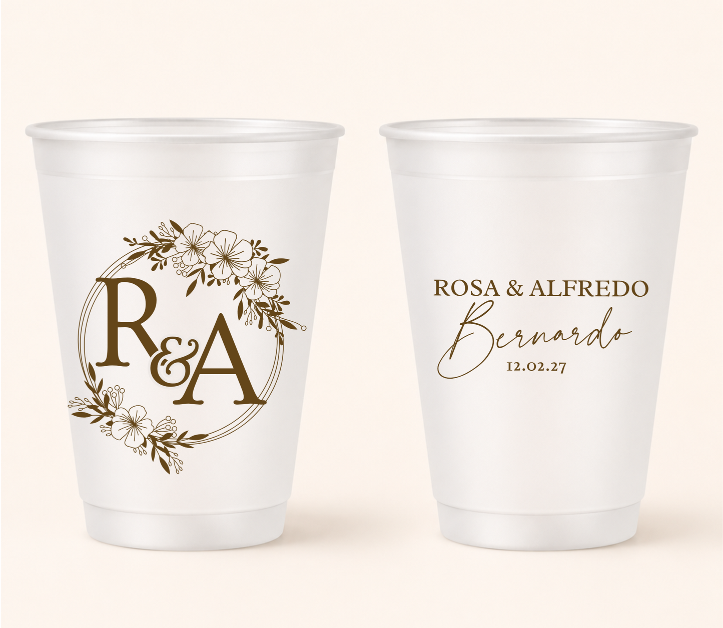 Custom floral frosted wedding cups with personalized initials, couple names, and wedding date for reception bars