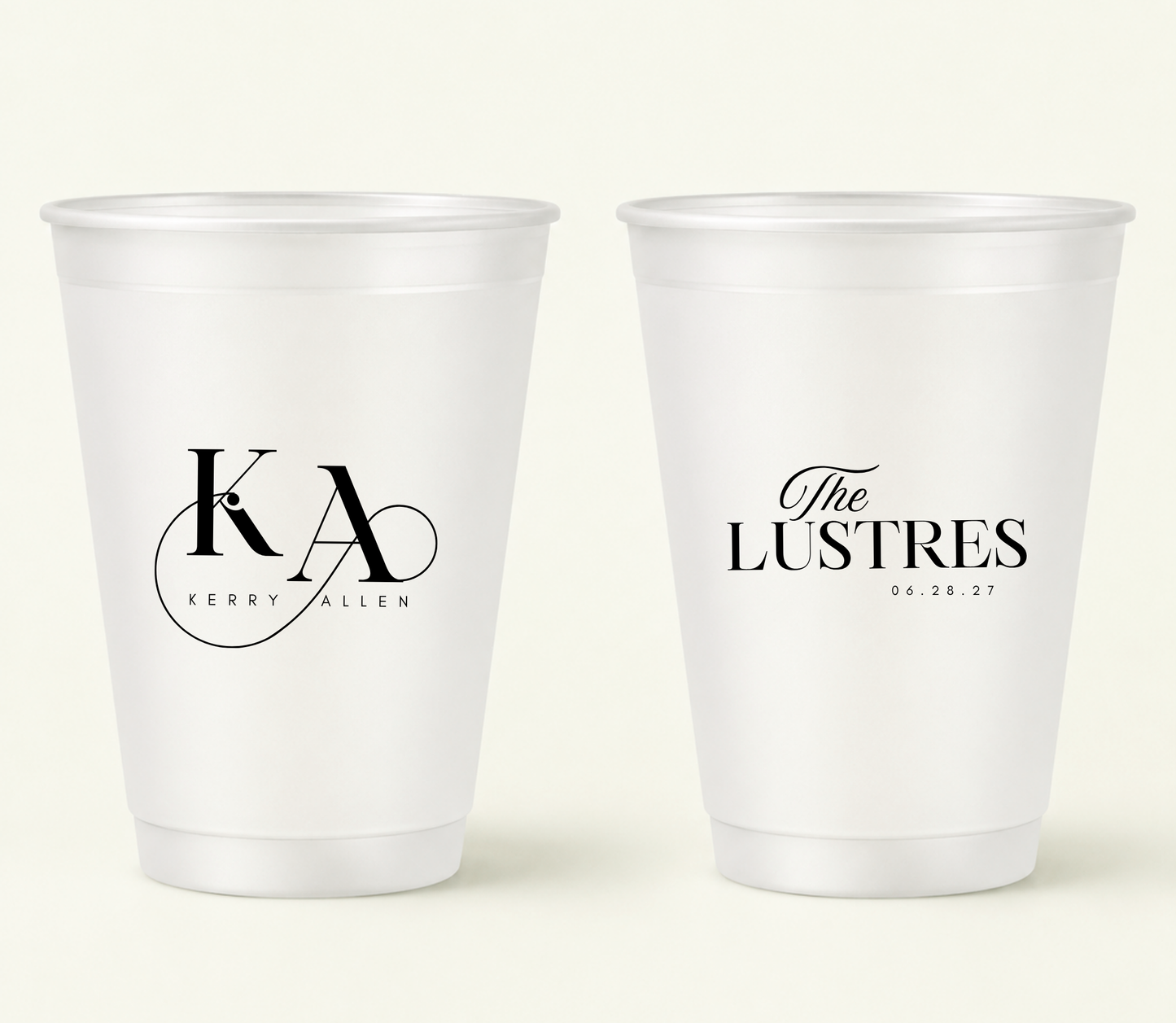Personalized minimalist frosted wedding cups with black monogram initials, custom names, and wedding date for elegant wedding favors