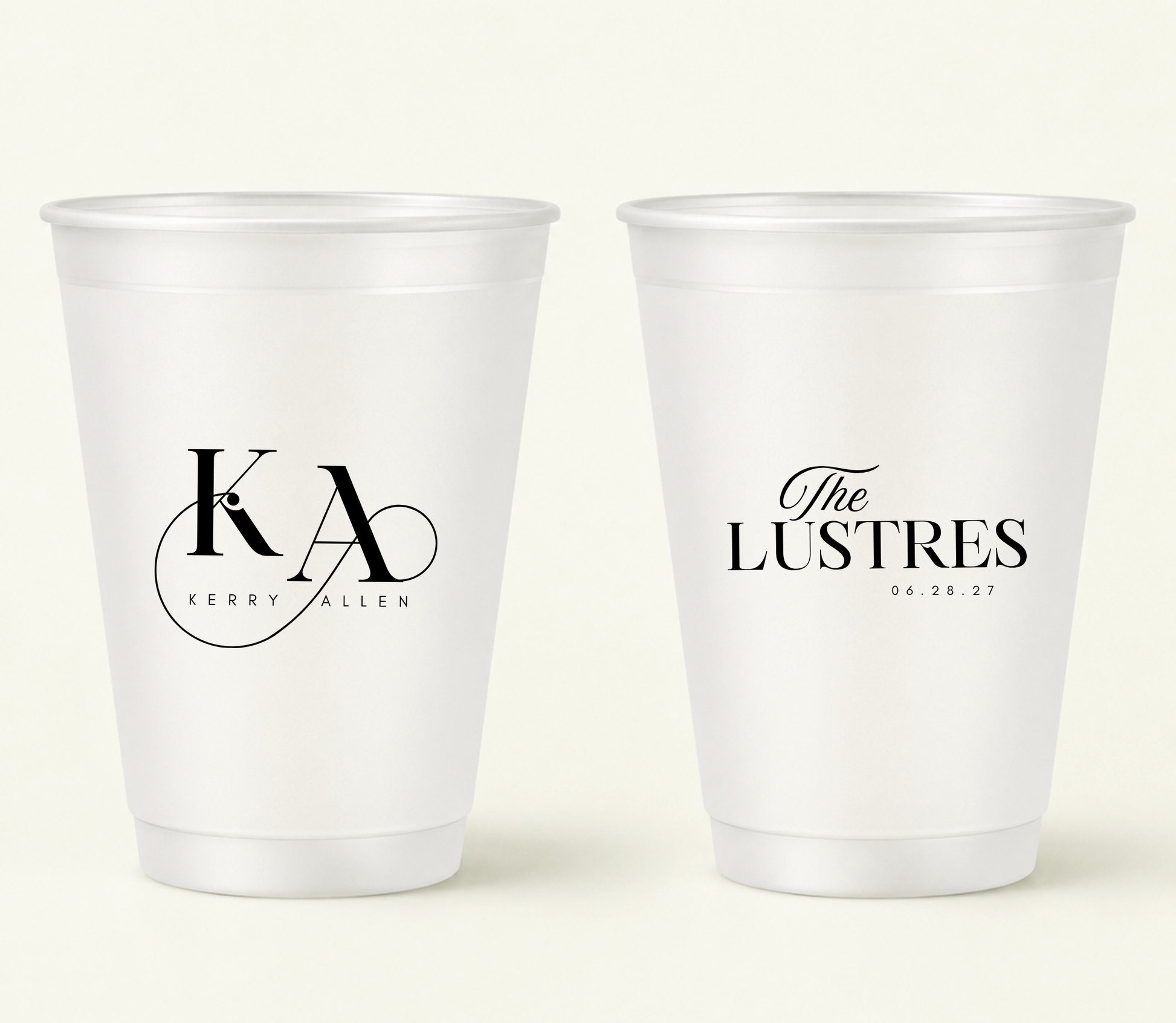 Personalized minimalist frosted wedding cups with black monogram initials, custom names, and wedding date for elegant wedding favors