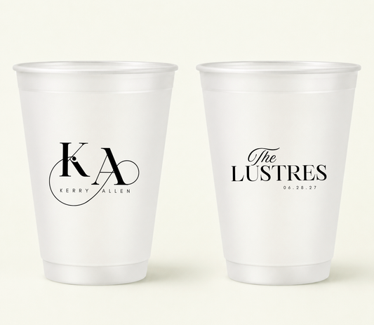 Personalized minimalist frosted wedding cups with black monogram initials, custom names, and wedding date for elegant wedding favors