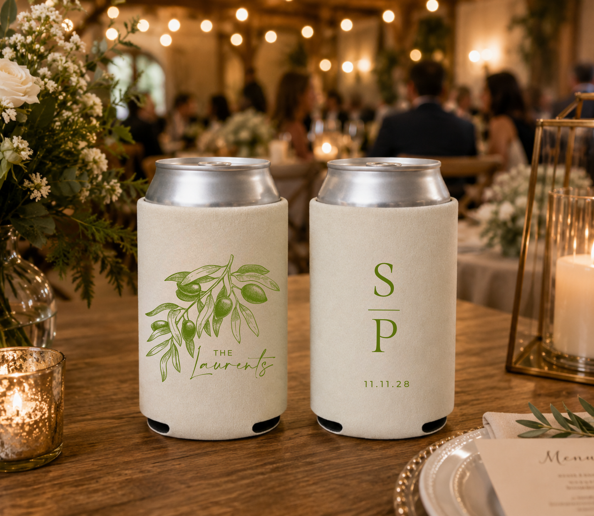 
Cream olive branch wedding can cooler featuring botanical artwork and personalized family name.
