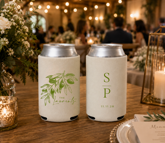 
Cream olive branch wedding can cooler featuring botanical artwork and personalized family name.
