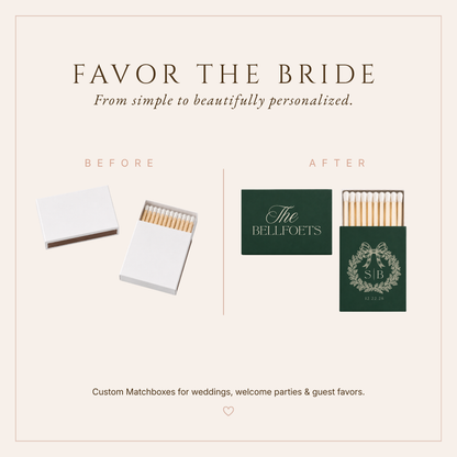 Personalized holiday wedding favors featuring green matchboxes with custom family name, initials, and wedding date.