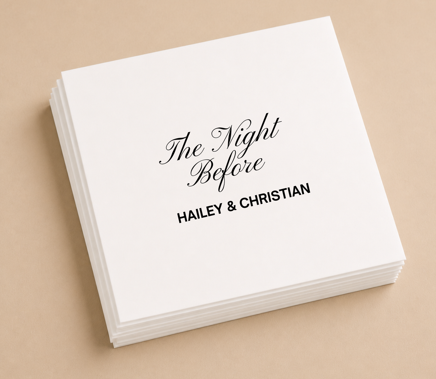 Personalized Night Before wedding napkins with black script typography and custom couple names on white paper napkins