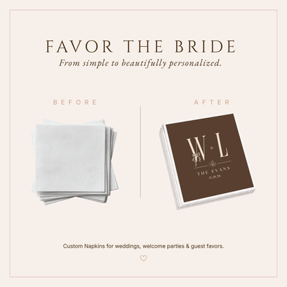 Thanksgiving wedding table décor featuring personalized initial napkins with autumn maple leaf and bow accents.