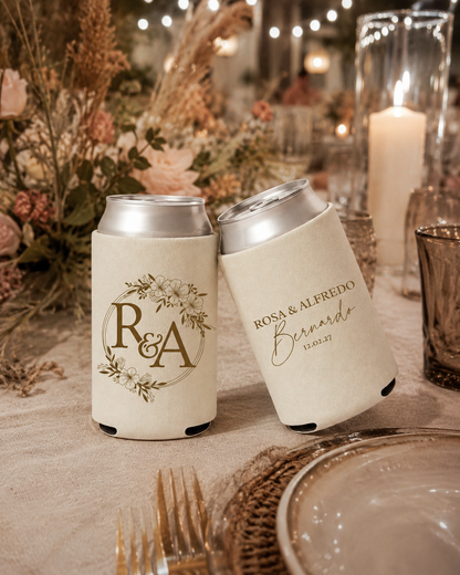 Custom floral wedding can coolers with personalized initials, couple names, wedding date, and brown botanical artwork