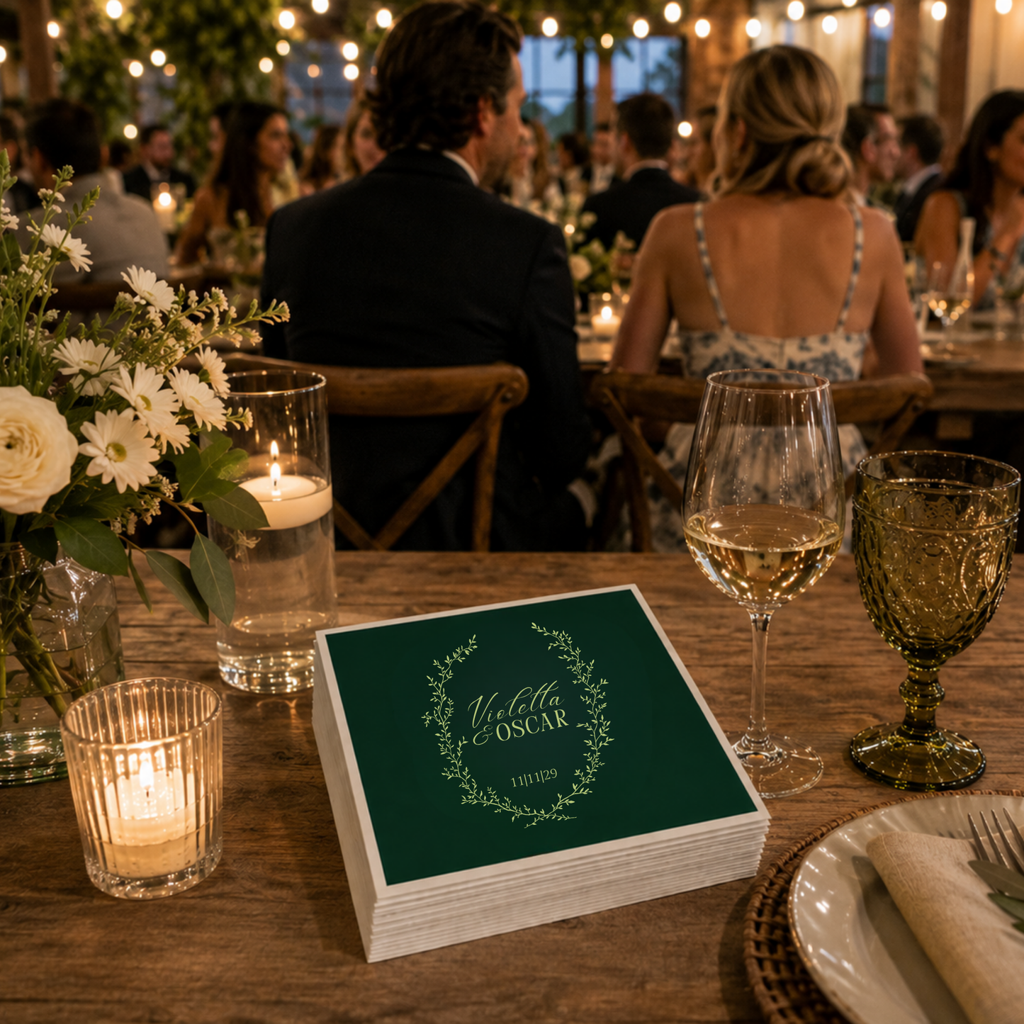 Dark green botanical wedding napkin with personalized couple names and wedding date.

