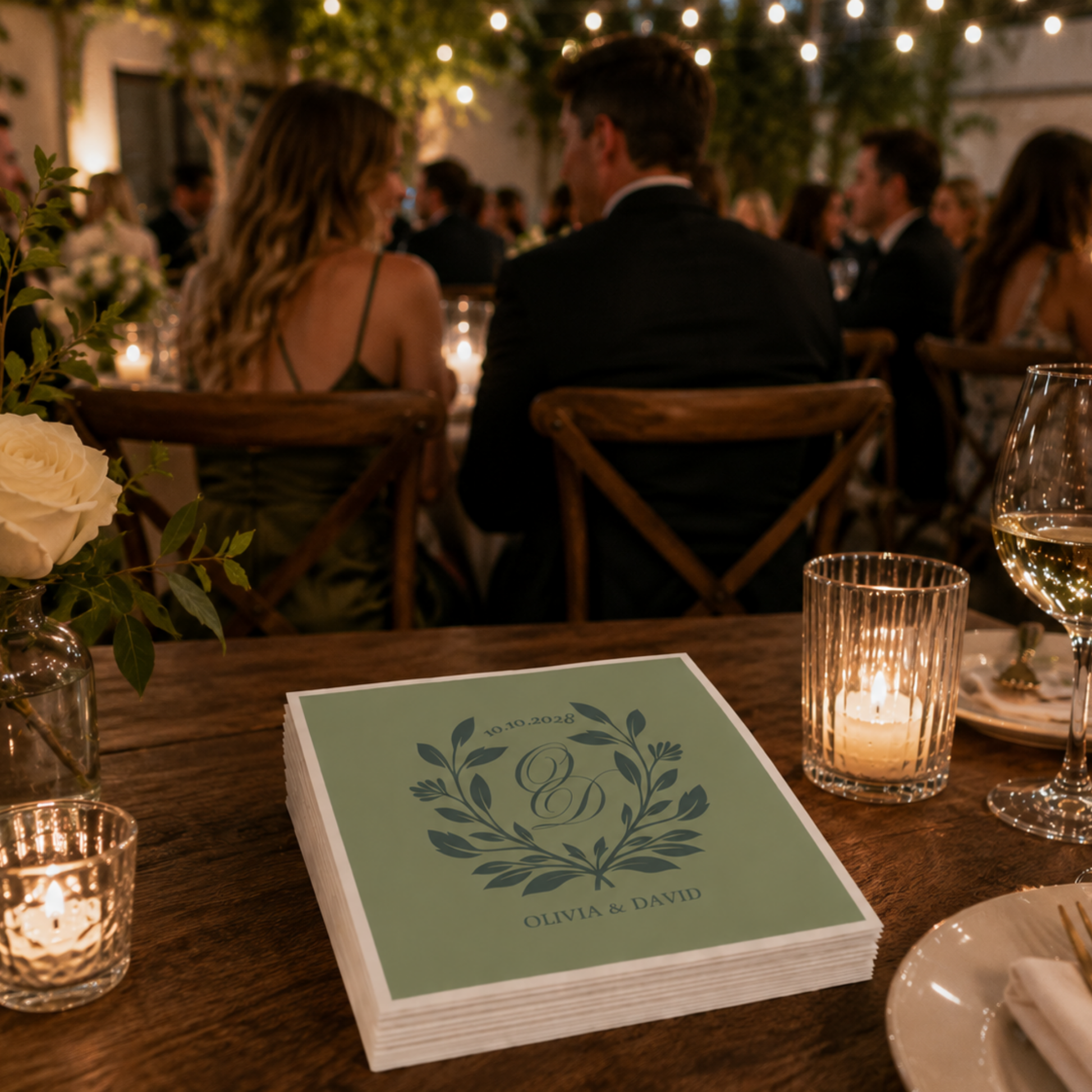 
Sage personalized wedding napkin with elegant botanical monogram and custom couple names.
