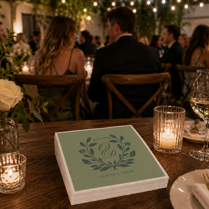 
Sage personalized wedding napkin with elegant botanical monogram and custom couple names.
