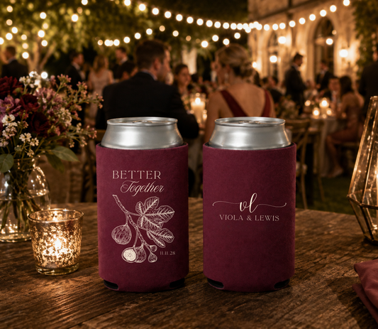 Personalized burgundy wedding can cooler with vintage fig branch botanical illustration.
Personalized burgundy wedding can cooler with vintage fig branch botanical illustration.
