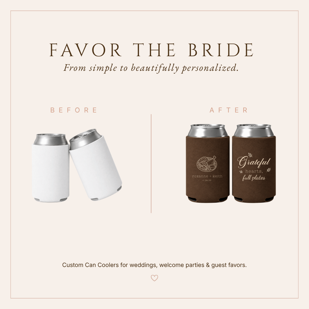Custom Thanksgiving wedding favors featuring brown neoprene can coolers with a festive dinner illustration and elegant typography.