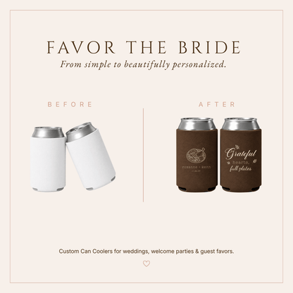 Custom Thanksgiving wedding favors featuring brown neoprene can coolers with a festive dinner illustration and elegant typography.