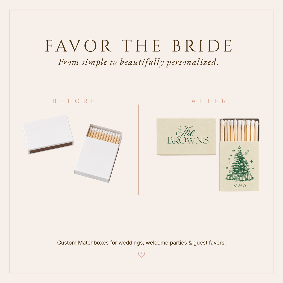 Personalized holiday wedding favors featuring a Christmas tree illustration, family name, and wedding date.