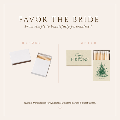 Personalized holiday wedding favors featuring a Christmas tree illustration, family name, and wedding date.