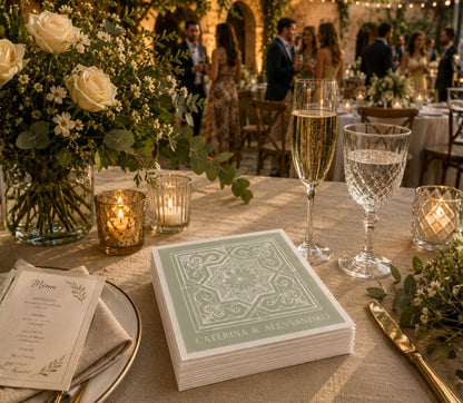 Elegant destination wedding napkin featuring Italian ceramic tile-inspired artwork.
Premium paper wedding table napkin with intricate ornamental tile design and personalized couple names.