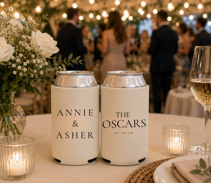 Custom beige wedding can koozies.