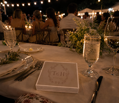 Custom botanical wedding beverage napkins.