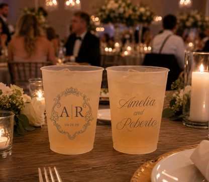 
Personalized frosted wedding cup featuring an elegant vintage monogram and custom initials.
