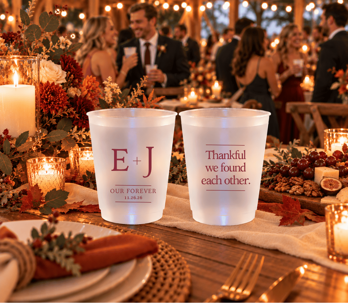 Personalized fall wedding cups with burgundy typography