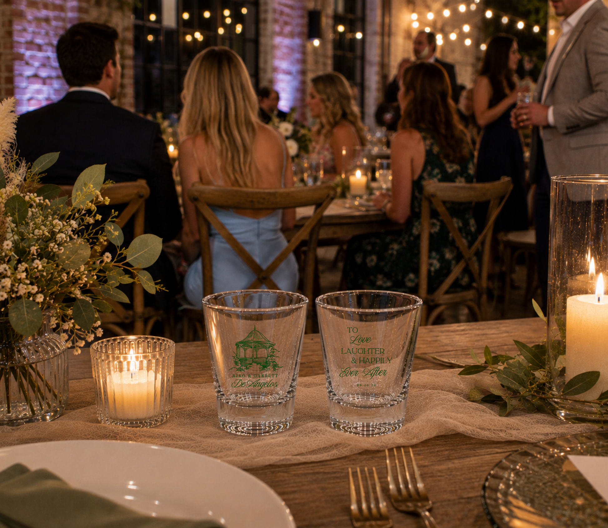 Gazebo personalized wedding shot glasses.

Outdoor wedding favor shot glasses with custom names.

Personalized botanical wedding keepsake shot glasses.