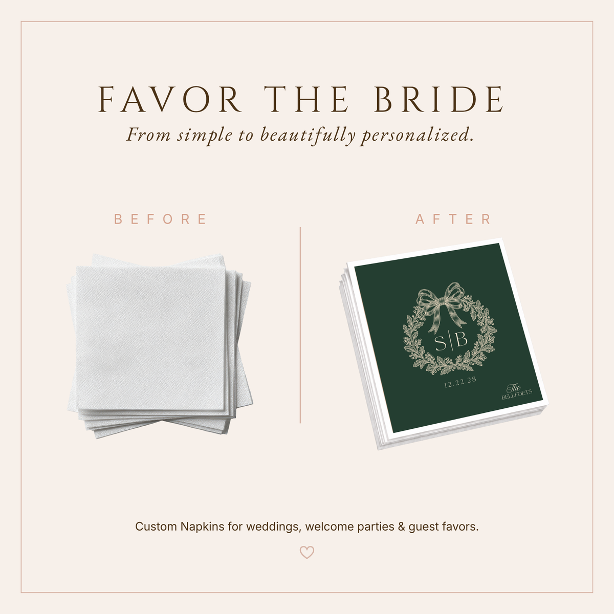 Personalized holiday wedding napkins featuring custom couple initials, family name, and wedding date.