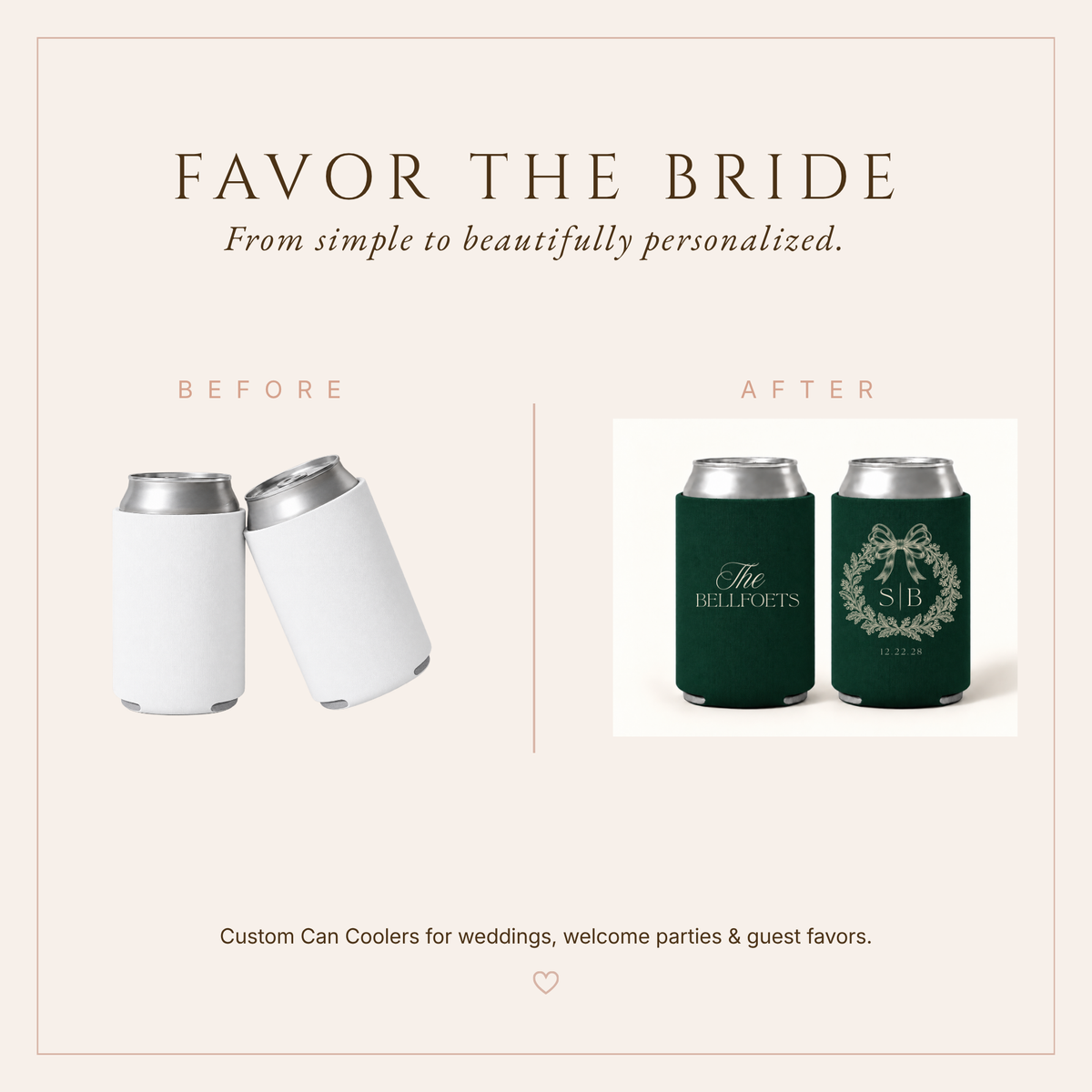 Personalized emerald green wedding favors with ivory monogram and botanical wedding details.