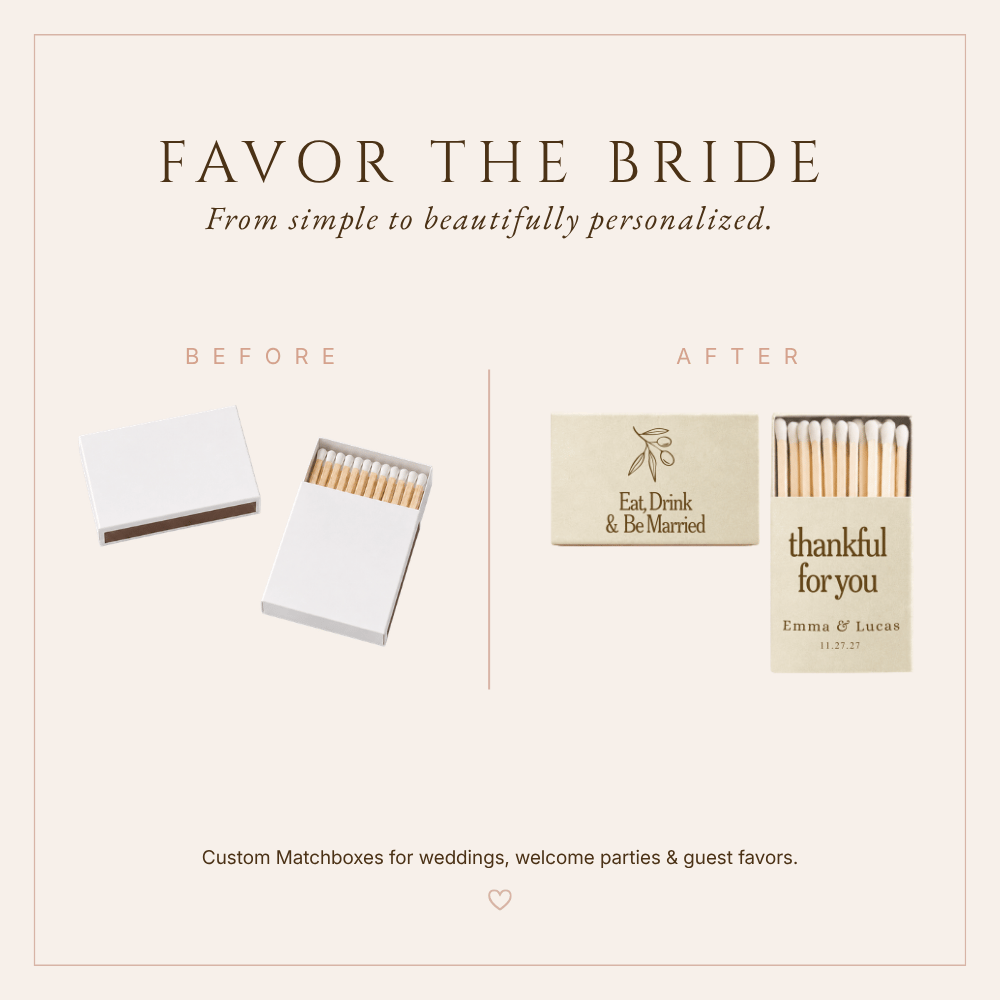 Minimalist Thanksgiving wedding favors featuring botanical details, brown typography, and personalized wedding details.