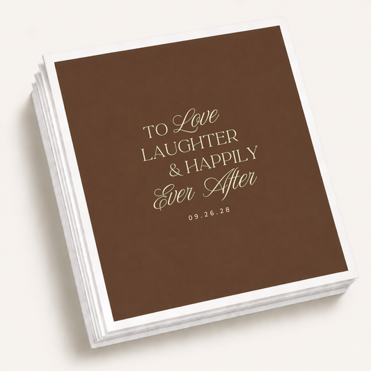 Brown personalized wedding cocktail napkins featuring elegant typography with custom wedding wording and wedding date.