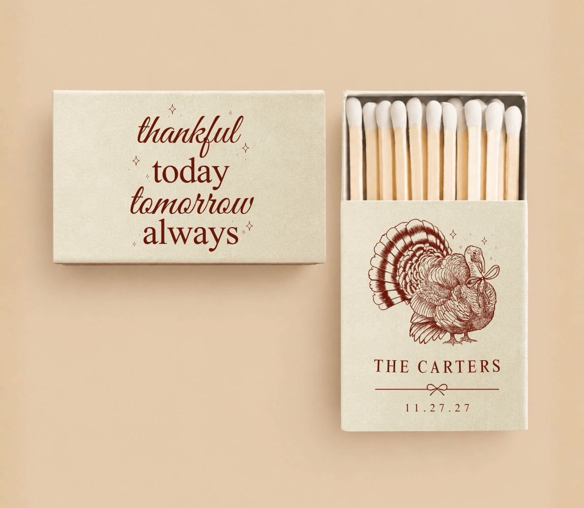 Personalized Thanksgiving wedding matchboxes featuring a vintage turkey illustration, custom couple names, and a thankful message in brown on cream.